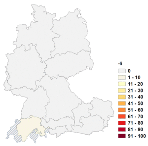 Relative Auftretenshäufigkeit von -li innerhalb der einzelnen Areale im Verhältnis zu -chen, -erl, -le und -lein (in %)
