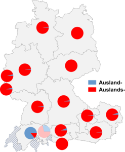 Relative Auftretenshäufigkeit von Ausland- / Auslands- innerhalb der einzelnen Areale