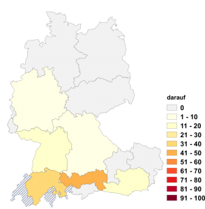 Relative Auftretenshäufigkeit von darauf innerhalb der einzelnen Areale im Verhältnis zu daraufhin (in %)