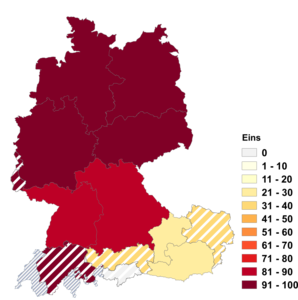 Relative Auftretenshäufigkeit von Eins innerhalb der einzelnen Areale im Verhältnis zu Einser (in %)