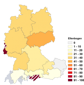 Relative Auftretenshäufigkeit von Ellenbogen innerhalb der einzelnen Areale im Verhältnis zu Ellbogen (in %)