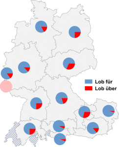 Relative Auftretenshäufigkeit von Lob für / Lob über innerhalb der einzelnen Areale