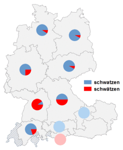 Relative Auftretenshäufigkeit von schwatzen / schwätzen innerhalb der einzelnen Areale