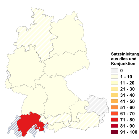 Relative Auftretenshäufigkeit von Satzeinleitung aus dies und Konjunktion innerhalb der einzelnen Areale im Verhältnis zum Gesamtvorkommen in allen Arealen (in %)