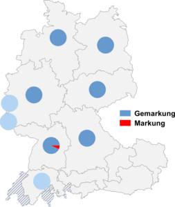Relative Auftretenshäufigkeit von Gemarkung / Markung innerhalb der einzelnen Areale
