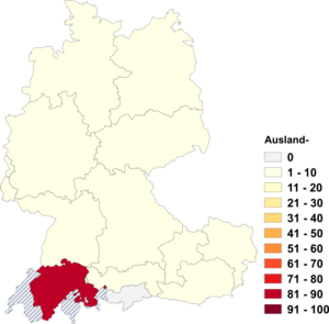 Relative Auftretenshäufigkeit von Ausland- innerhalb der einzelnen Areale im Verhältnis zu Auslands- (in %)