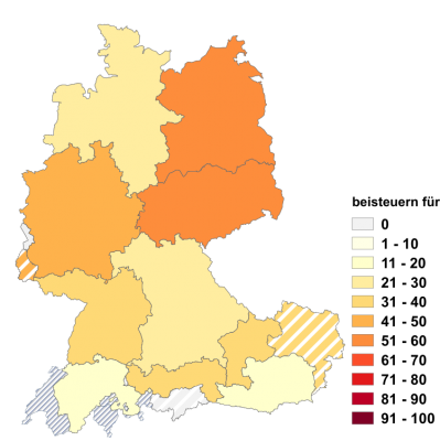 Relative Auftretenshäufigkeit von beisteuern für innerhalb der einzelnen Areale im Verhältnis zu beisteuern an und beisteuern zu (finanziell; in %)