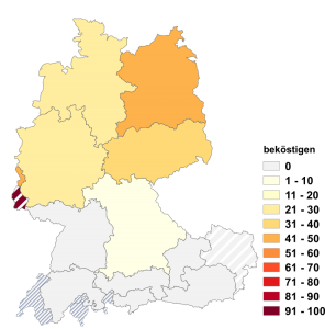 Relative Auftretenshäufigkeit von beköstigen innerhalb der einzelnen Areale im Verhältnis zu verköstigen (in %)