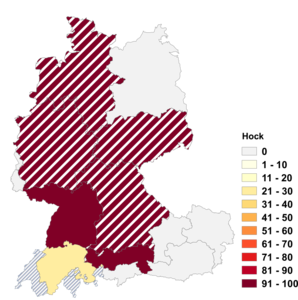 Relative Auftretenshäufigkeit von Hock innerhalb der einzelnen Areale im Verhältnis zu Höck (in %)