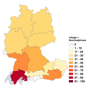 Relative Auftretenshäufigkeit von infolge + Nominalphrase innerhalb der einzelnen Areale im Verhältnis zu infolge + von + Dativ (in %)