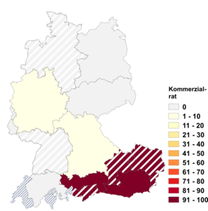 Relative Auftretenshäufigkeit von Kommerzialrat innerhalb der einzelnen Areale im Verhältnis zu Kommerzienrat (in %)