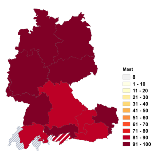 Relative Auftretenshäufigkeit von Mast innerhalb der einzelnen Areale im Verhältnis zu Masten (in %)