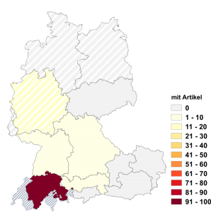 Relative Auftretenshäufigkeit von Tirol / -tirol mit Artikel innerhalb der einzelnen Areale im Verhältnis zu Tirol / -tirol ohne Artikel (in %)