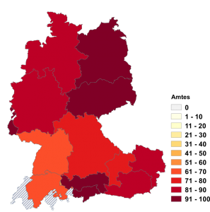 Relative Auftretenshäufigkeit von Amtes innerhalb der einzelnen Areale im Verhältnis zu Amts (in %)