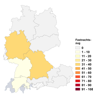 Relative Auftretenshäufigkeit von Fastnachtszug innerhalb der einzelnen Areale im Verhältnis zu Fasnachtsumzug (in %)