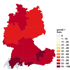 Relative Auftretenshäufigkeit von gemäß + Dativ innerhalb der einzelnen Areale im Verhältnis zu gemäß + Genitiv (in %)