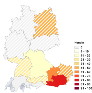Relative Auftretenshäufigkeit von Hendln innerhalb der einzelnen Areale im Verhältnis zu Hendl (in %)
