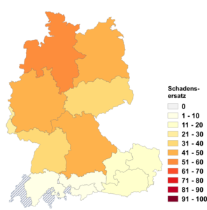 Relative Auftretenshäufigkeit von Schadensersatz innerhalb der einzelnen Areale im Verhältnis zu Schadenersatz (in %)