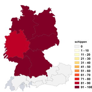 Relative Auftretenshäufigkeit von schippen innerhalb der einzelnen Areale im Verhältnis zu schüppen (in %)
