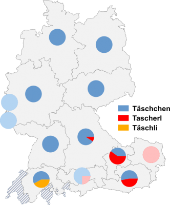 Relative Auftretenshäufigkeit von Täschchen / Tascherl / Täschli innerhalb der einzelnen Areale