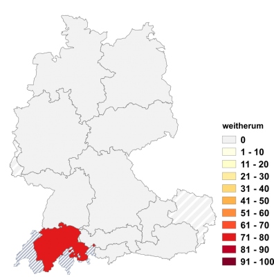 Relative Auftretenshäufigkeit von weitherum innerhalb der einzelnen Areale im Verhältnis zu weithin und weitum (in %)