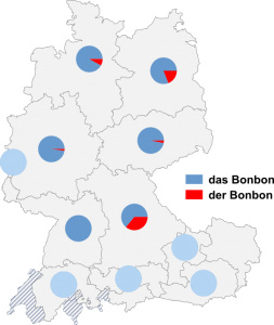 Relative Auftretenshäufigkeit von das Bonbon / der Bonbon innerhalb der einzelnen Areale