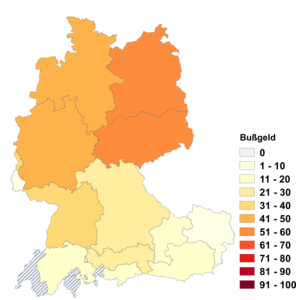 Relative Auftretenshäufigkeit von Bußgeld innerhalb der einzelnen Areale im Verhältnis zu Geldbuße (in %)