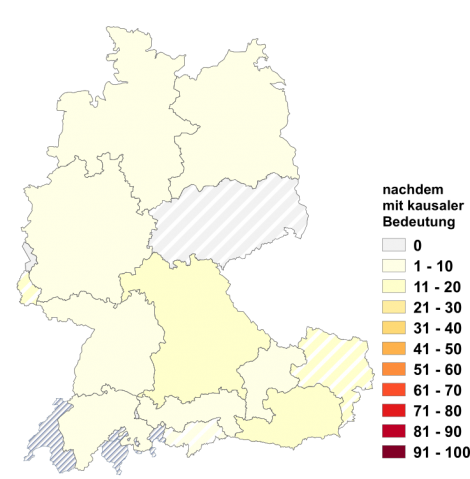 Relative Auftretenshäufigkeit von nachdem mit kausaler Bedeutung innerhalb der einzelnen Areale im Verhältnis zum Gesamtvorkommen in allen Arealen (in %)