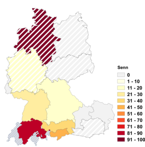 Relative Auftretenshäufigkeit von Senn innerhalb der einzelnen Areale im Verhältnis zu Senner (in %)