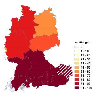 Relative Auftretenshäufigkeit von verköstigen innerhalb der einzelnen Areale im Verhältnis zu beköstigen (in %)