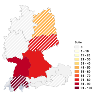 Relative Auftretenshäufigkeit von Butte innerhalb der einzelnen Areale im Verhältnis zu Bütte (in %)