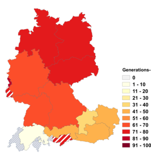 Relative Auftretenshäufigkeit von Generations- innerhalb der einzelnen Areale im Verhältnis zu Generationen- (in %)