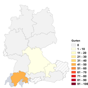 Relative Auftretenshäufigkeit von Gurten innerhalb der einzelnen Areale im Verhältnis zu Gurte (in %)