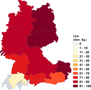 Relative Auftretenshäufigkeit von Lkw innerhalb der einzelnen Areale im Verhältnis zu Lkws (Gen. Sg.; in %)