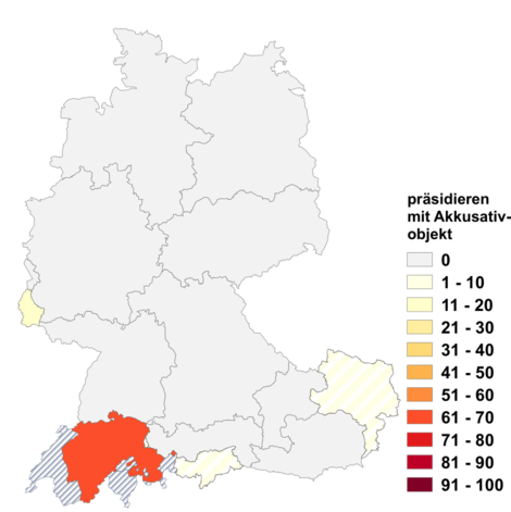 Relative Auftretenshäufigkeit von präsidieren mit Akkusativobjekt innerhalb der einzelnen Areale im Verhältnis zum Gesamtvorkommen in allen Arealen (in %)
