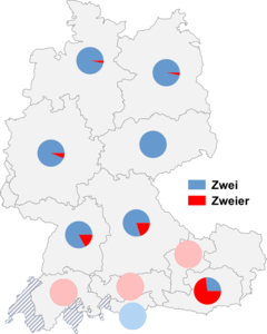 Relative Auftretenshäufigkeit von Zwei / Zweier innerhalb der einzelnen Areale