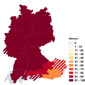 Relative Auftretenshäufigkeit von Börsen- innerhalb der einzelnen Areale im Verhältnis zu Börse- (in %)