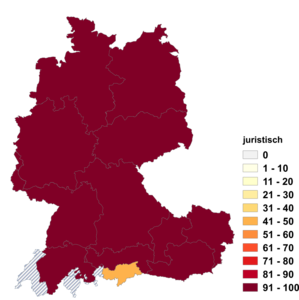 Relative Auftretenshäufigkeit von juristisch innerhalb der einzelnen Areale im Verhältnis zu juridisch (in %)