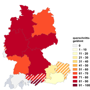 Relative Auftretenshäufigkeit von querschnittsgelähmt innerhalb der einzelnen Areale im Verhältnis zu querschnittgelähmt (in %)