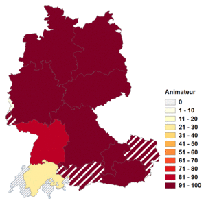 Relative Auftretenshäufigkeit von Animateur innerhalb der einzelnen Areale im Verhältnis zu Animator (in %)