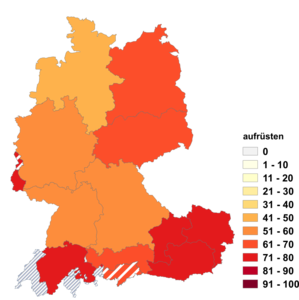 Relative Auftretenshäufigkeit von aufrüsten innerhalb der einzelnen Areale im Verhältnis zu nachrüsten (in %)