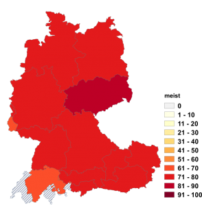 Relative Auftretenshäufigkeit von meist innerhalb der einzelnen Areale im Verhältnis zu meistens (in %)