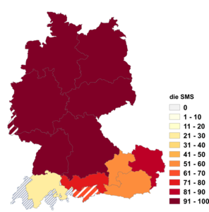 Relative Auftretenshäufigkeit von die SMS (MMS) innerhalb der einzelnen Areale im Verhältnis zu das SMS (MMS) (in %)