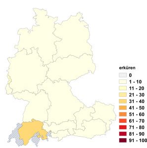 Relative Auftretenshäufigkeit von erküren innerhalb der einzelnen Areale im Verhältnis zu küren (in %)