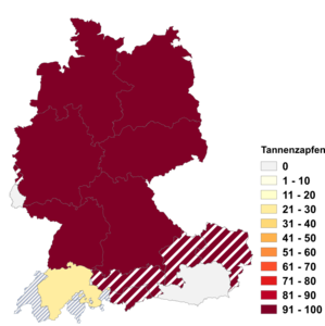 Relative Auftretenshäufigkeit von Tannenzapfen innerhalb der einzelnen Areale im Verhältnis zu Tannzapfen (in %)