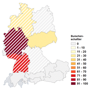 Relative Auftretenshäufigkeit von Burschenschaftler innerhalb der einzelnen Areale im Verhältnis zu Burschenschafter (in %)