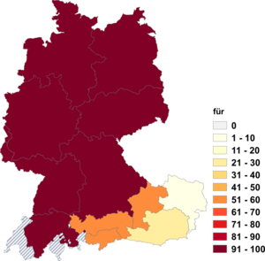 Relative Auftretenshäufigkeit von für innerhalb der einzelnen Sprachregionen im Verhältnis zu um (in %)