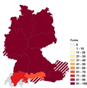 Relative Auftretenshäufigkeit von Funke innerhalb der einzelnen Areale im Verhältnis zu Funken (in %)