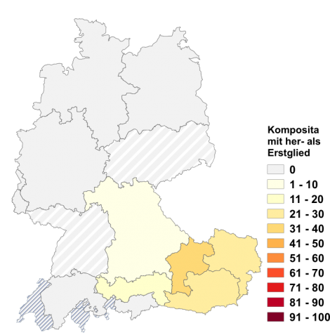 Relative Auftretenshäufigkeit von Komposita mit her- als Erstglied (ohne hernach) innerhalb der einzelnen Areale im Verhältnis zum Gesamtvorkommen in allen Arealen (in %)