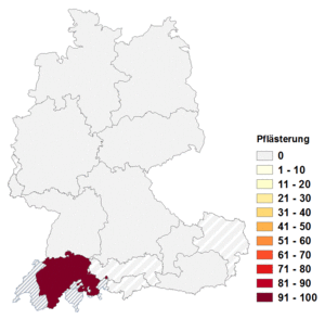 Relative Auftretenshäufigkeit von Pflästerung innerhalb der einzelnen Areale im Verhältnis zu Pflasterung (in %)